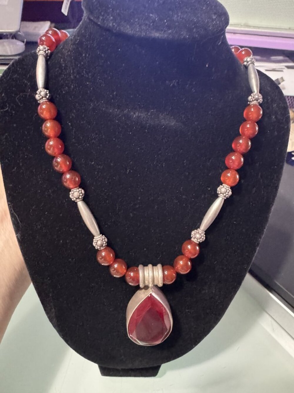Vintage Sterling Silver & Carnelian Bead Necklace with Teardrop Pendant